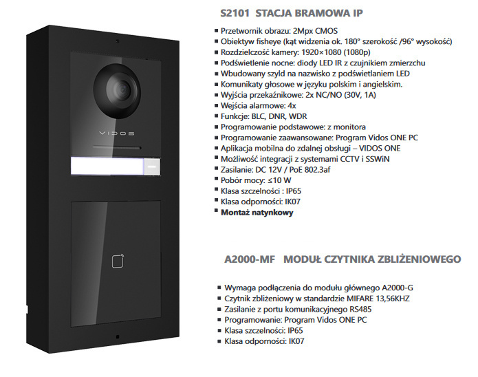 Zestaw natynkowy wideodomofonu IP Vidos czytnikiem RFID monitor 7''